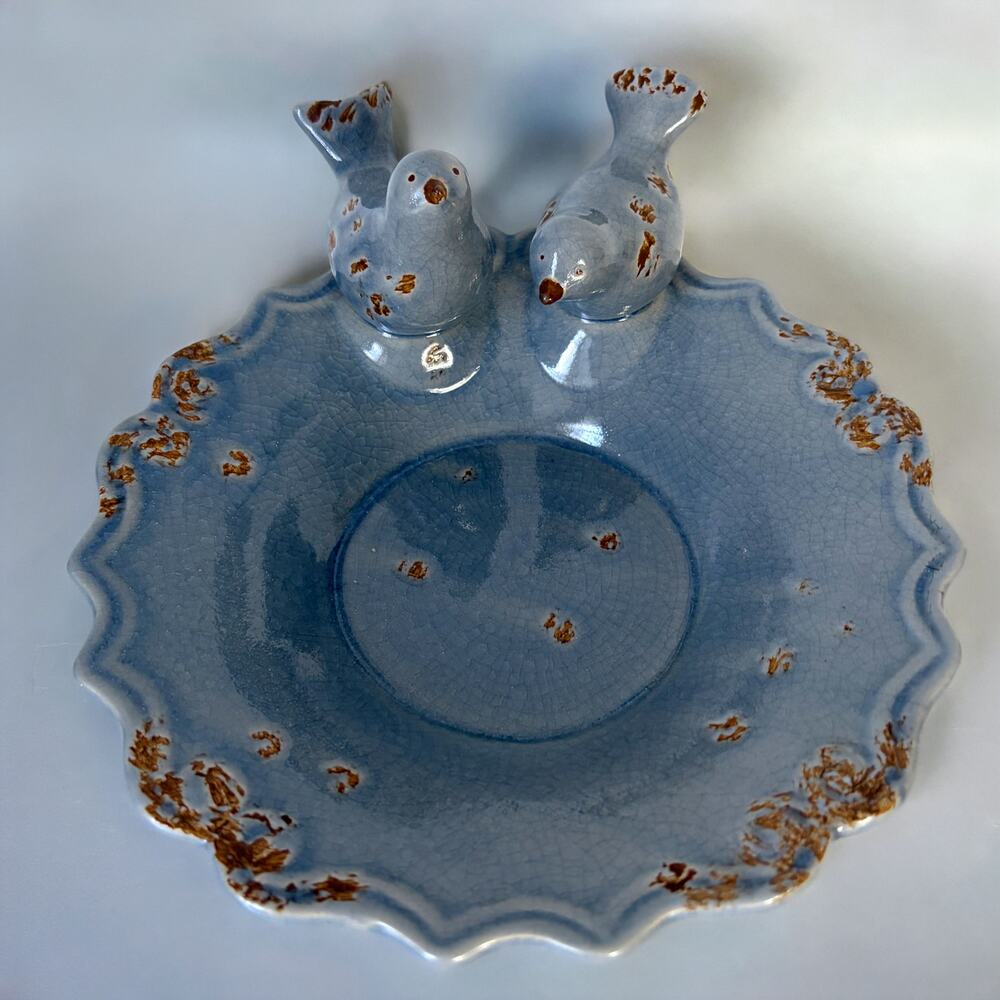 Blue Crackle Glaze Bird Trinket Dish Art Pottery Jewelry Holder Decorative Bowl